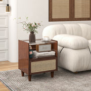 Bamboo Rattan Nightstand with Drawer and Solid Wood Legs-Brown-Nightstands-DECOROLALA