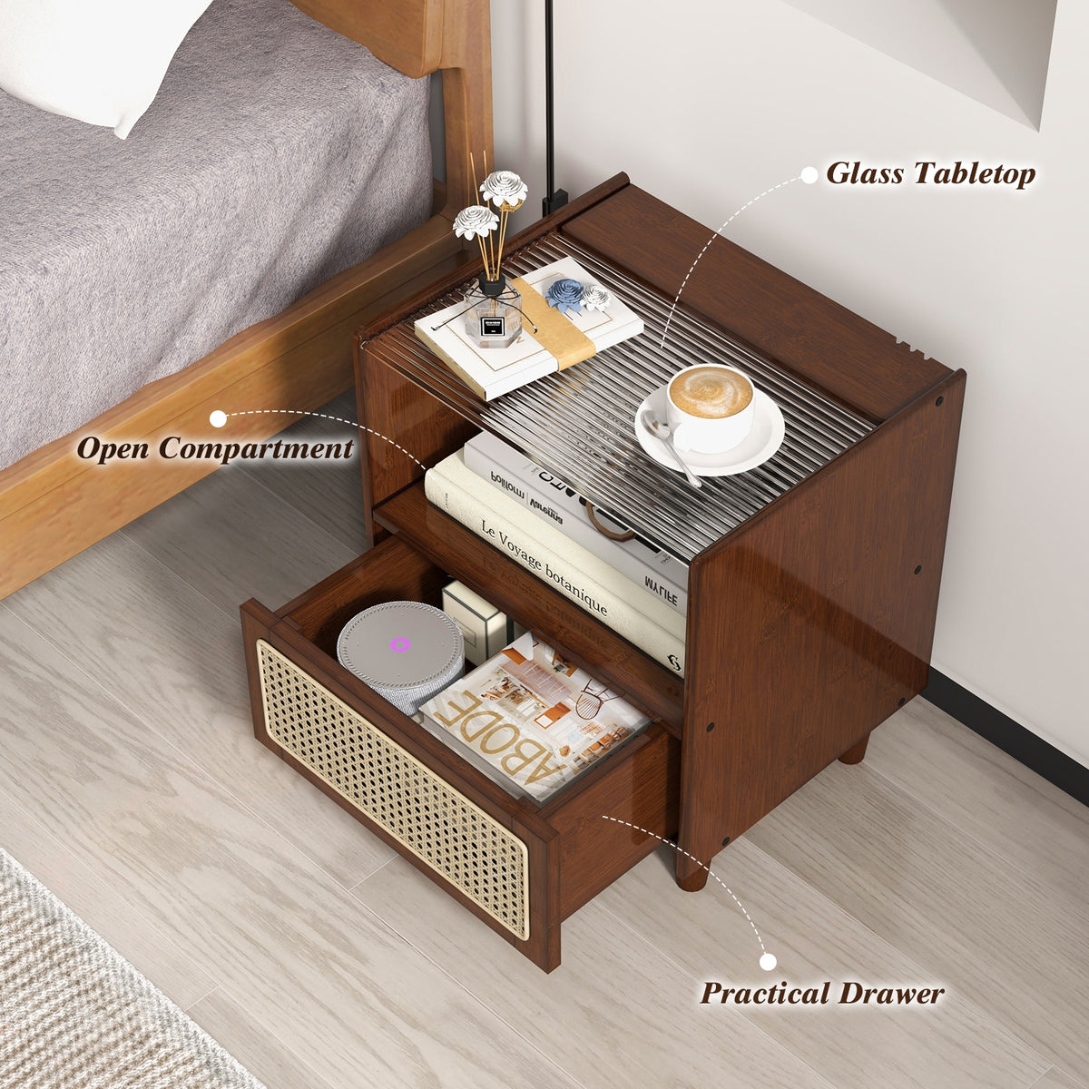 Bamboo Rattan Nightstand with Drawer and Solid Wood Legs-Brown-Nightstands-DECOROLALA