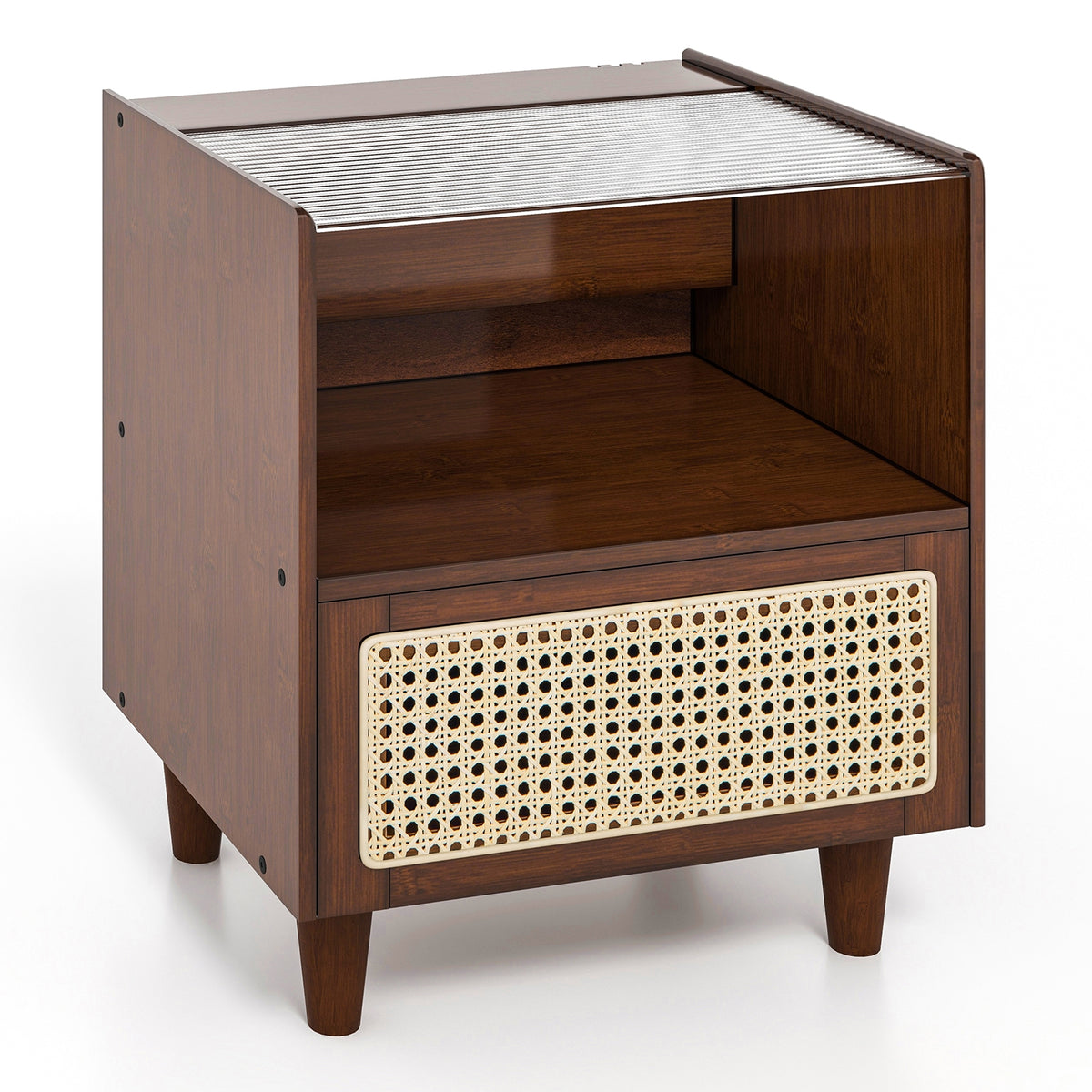Bamboo Rattan Nightstand with Drawer and Solid Wood Legs-Brown-Nightstands-DECOROLALA