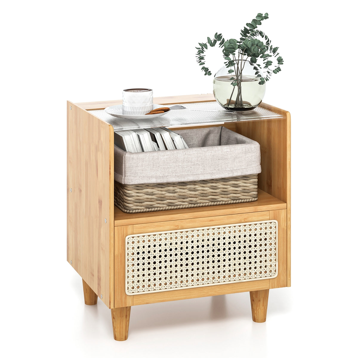 Bamboo Rattan Nightstand with Drawer and Solid Wood Legs-Natural-Nightstands-DECOROLALA