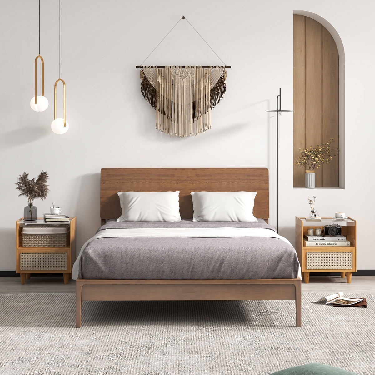 Bamboo Rattan Nightstand with Drawer and Solid Wood Legs-Natural-Nightstands-DECOROLALA