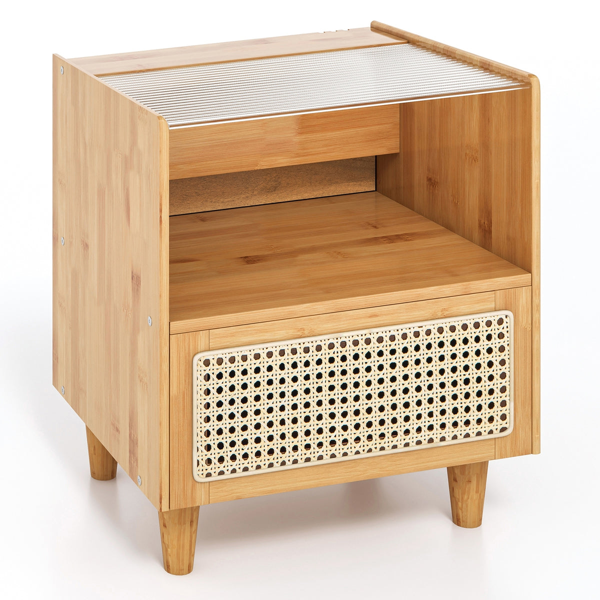 Bamboo Rattan Nightstand with Drawer and Solid Wood Legs-Natural-Nightstands-DECOROLALA