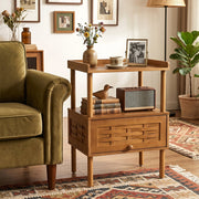 Bamboo Rattan Nightstand with Raised Edge Flip-Up Door and Open Shelf-Walnut-Nightstands-DECOROLALA