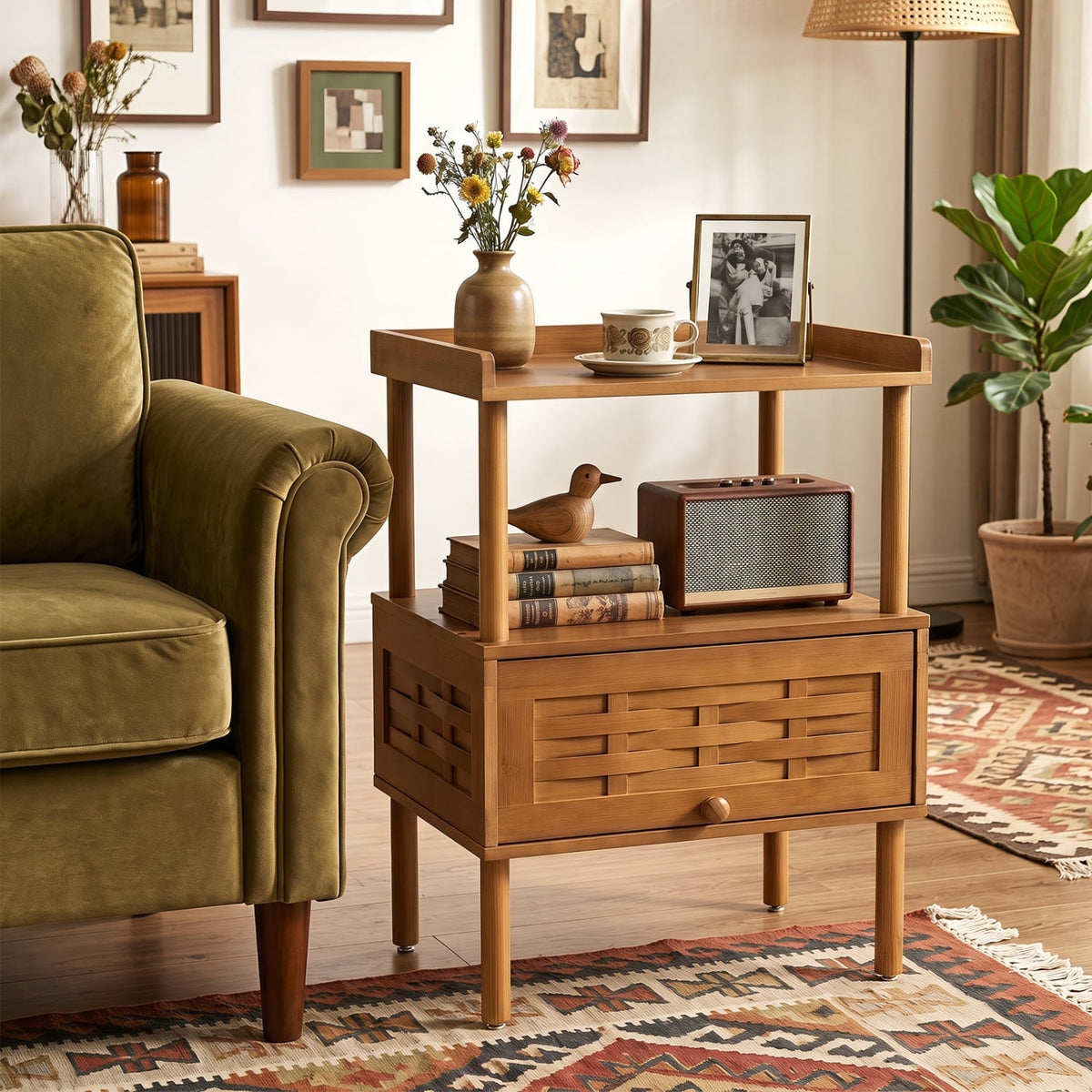Bamboo Rattan Nightstand with Raised Edge Flip-Up Door and Open Shelf-Walnut-Nightstands-DECOROLALA