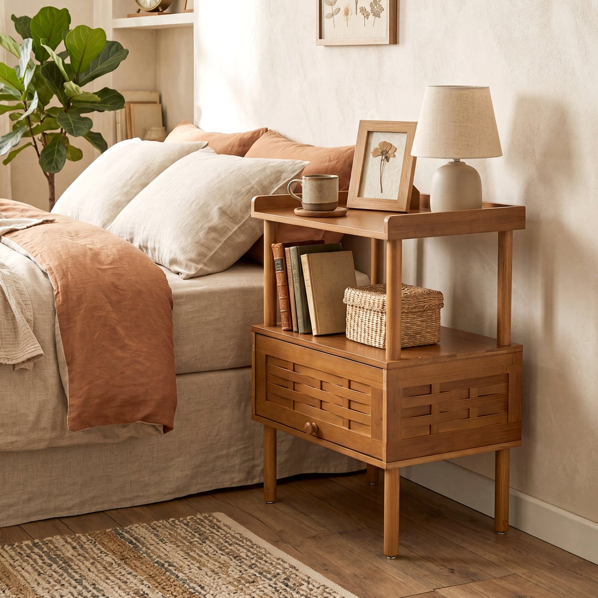 Bamboo Rattan Nightstand with Raised Edge Flip-Up Door and Open Shelf-Walnut-Nightstands-DECOROLALA