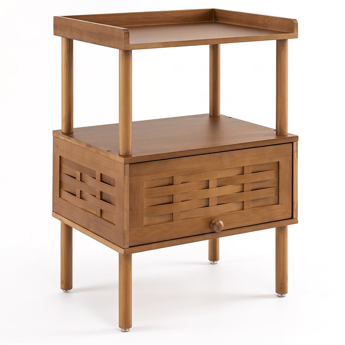 Bamboo Rattan Nightstand with Raised Edge Flip-Up Door and Open Shelf-Walnut-Nightstands-DECOROLALA