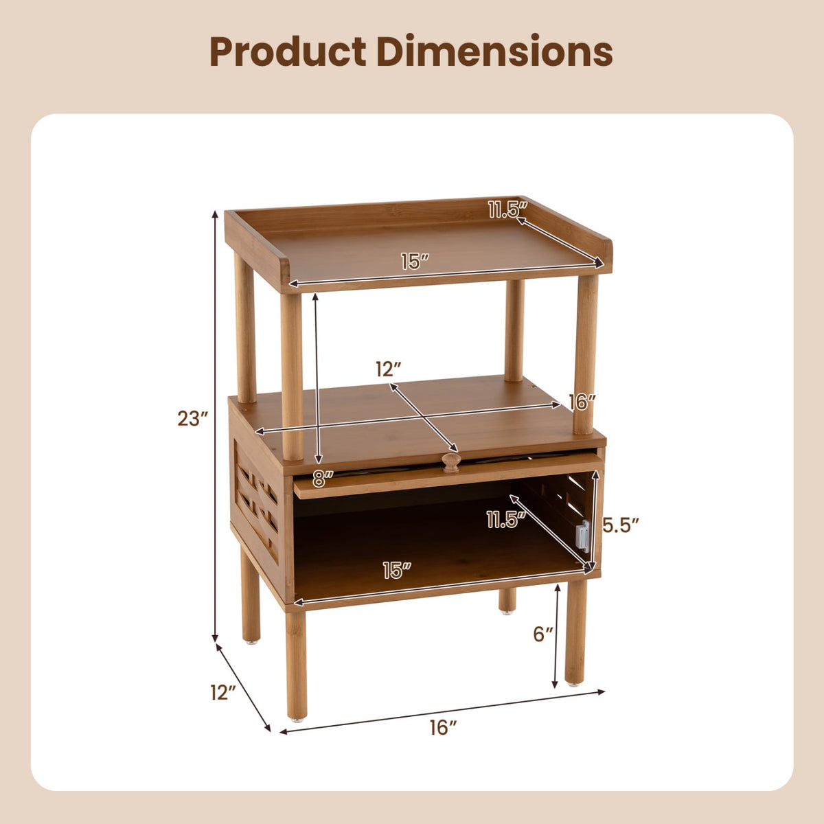 Bamboo Rattan Nightstand with Raised Edge Flip-Up Door and Open Shelf-Walnut-Nightstands-DECOROLALA