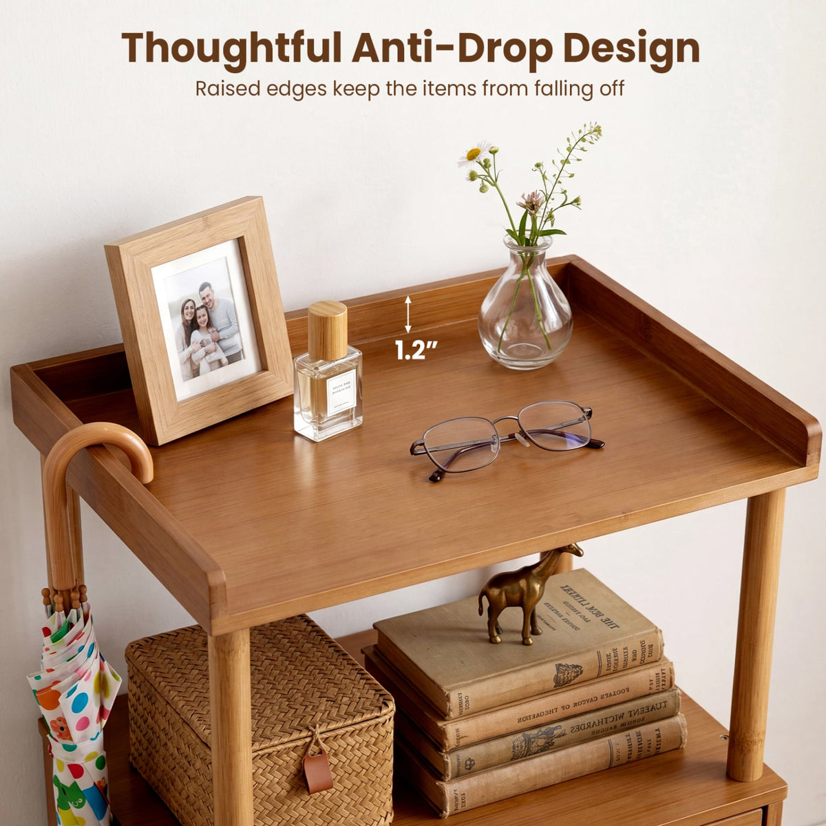 Bamboo Rattan Nightstand with Raised Edge Flip-Up Door and Open Shelf-Walnut-Nightstands-DECOROLALA