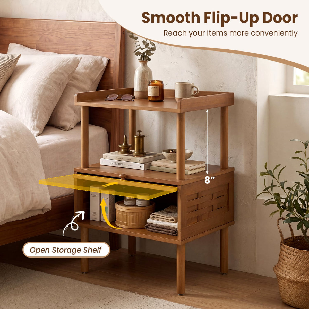 Bamboo Rattan Nightstand with Raised Edge Flip-Up Door and Open Shelf-Walnut-Nightstands-DECOROLALA