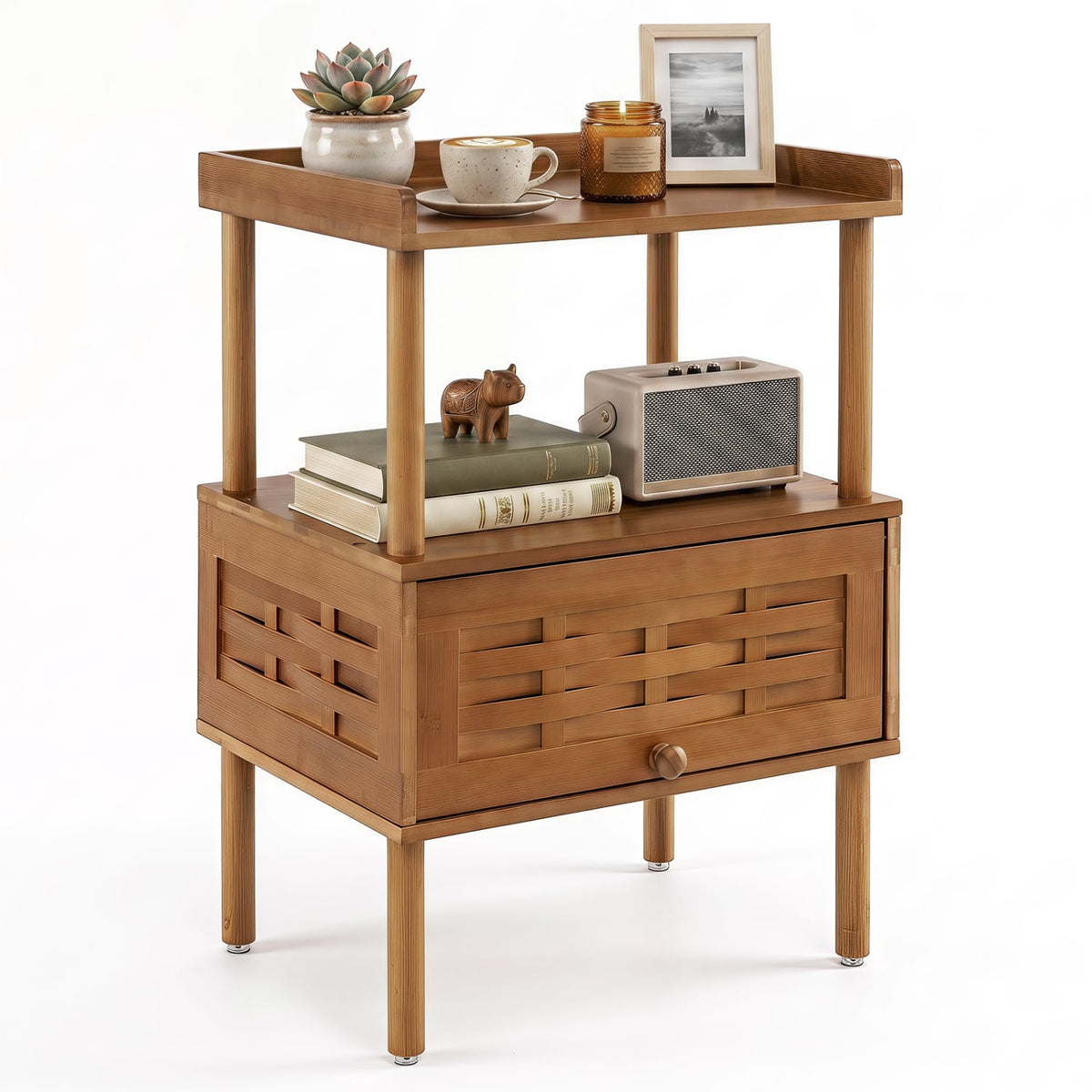Bamboo Rattan Nightstand with Raised Edge Flip-Up Door and Open Shelf-Walnut-Nightstands-DECOROLALA