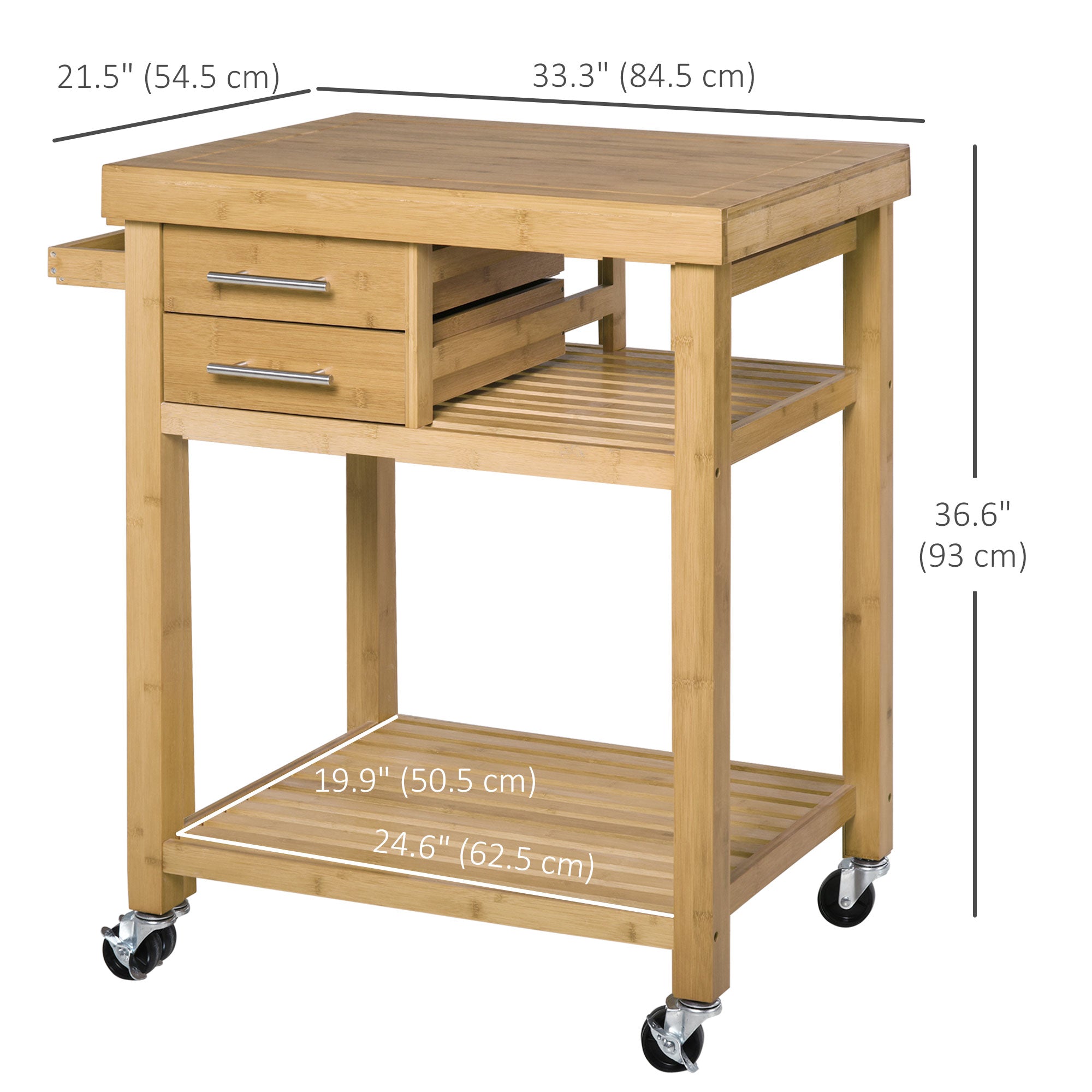Bamboo Rolling Kitchen Island Trolley - 2 Drawers & Shelves-DECOROLALA