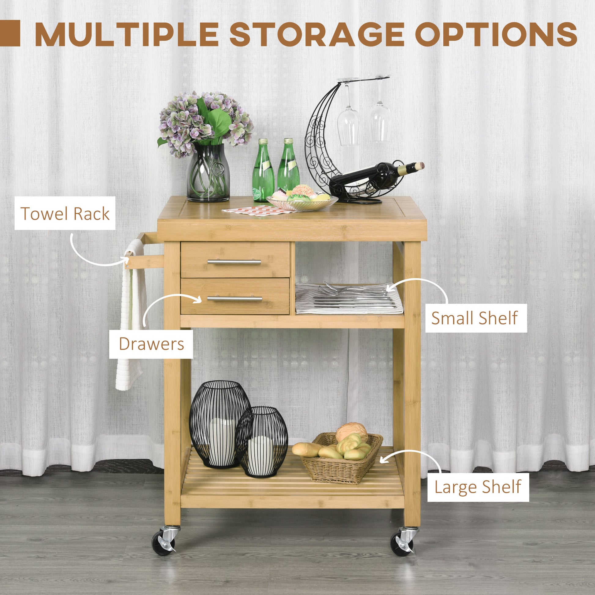 Bamboo Rolling Kitchen Island Trolley - 2 Drawers & Shelves-DECOROLALA