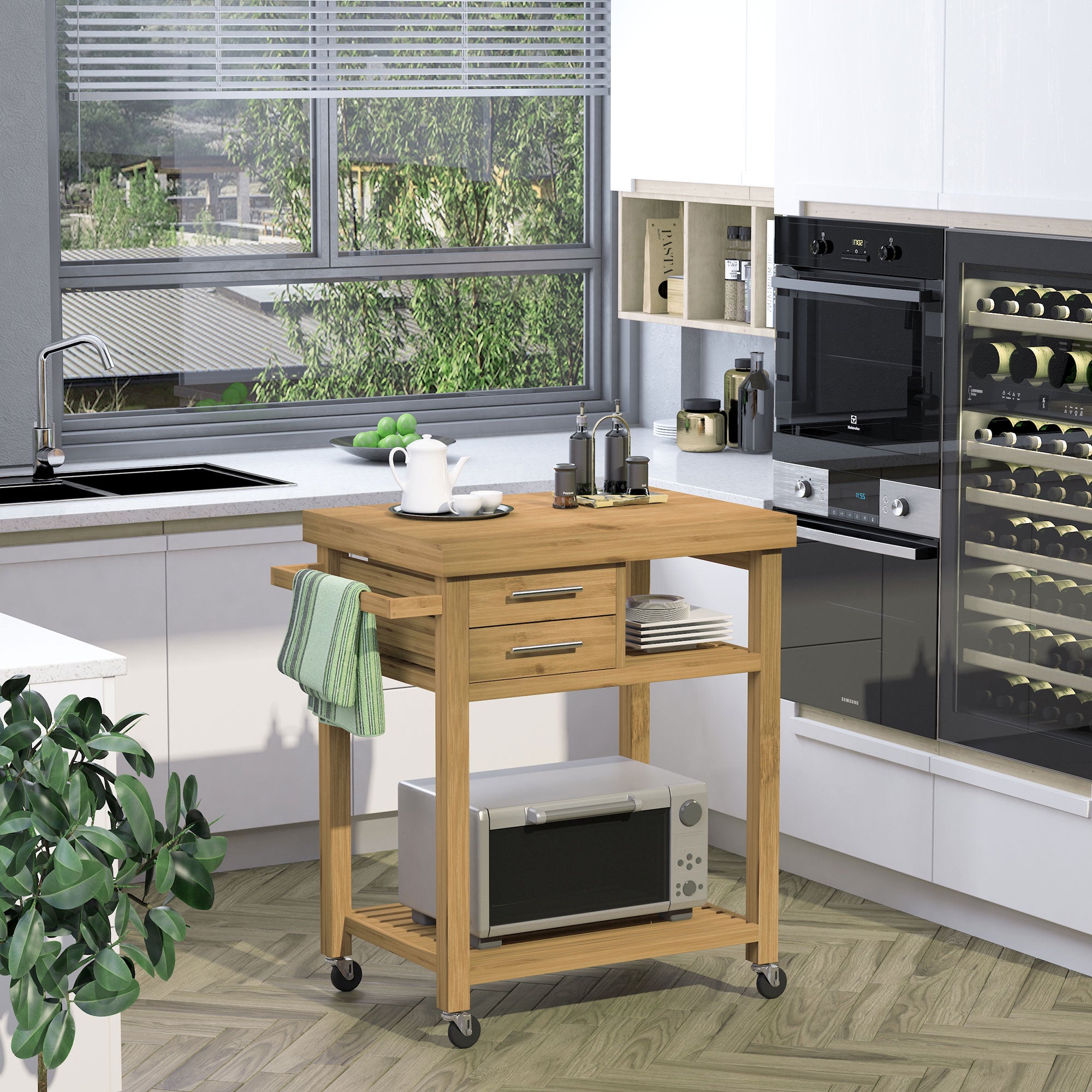 Bamboo Rolling Kitchen Island Trolley - 2 Drawers & Shelves-DECOROLALA