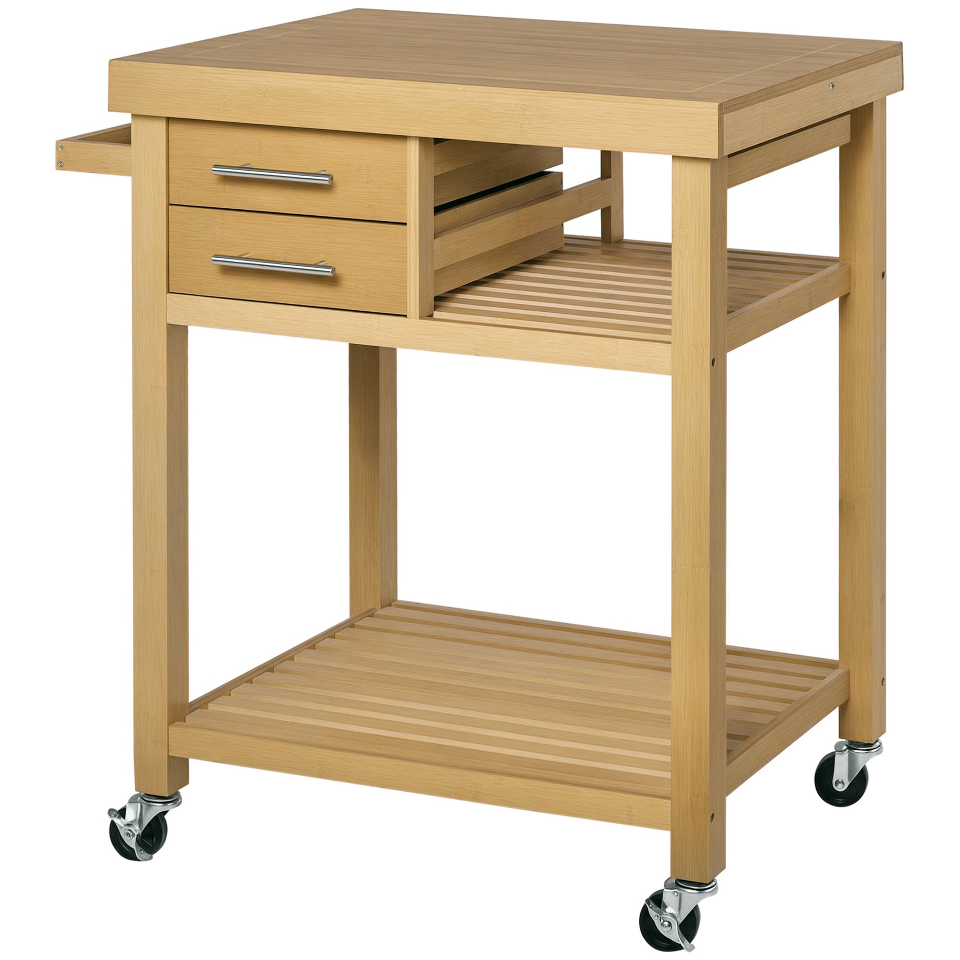Bamboo Rolling Kitchen Island Trolley - 2 Drawers & Shelves-DECOROLALA