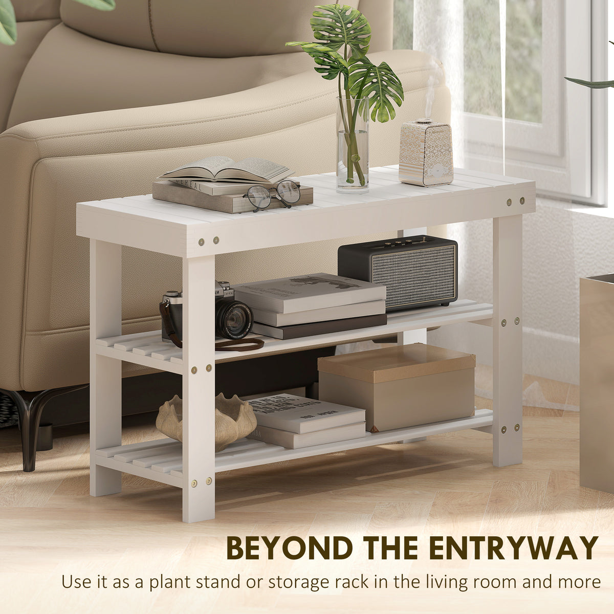 Bamboo Shoe Storage Bench - 3-Tier Entryway Bench White-Home Furnishings > Storage & Organization > Shoe Storage Cabinets & Racks-DECOROLALA