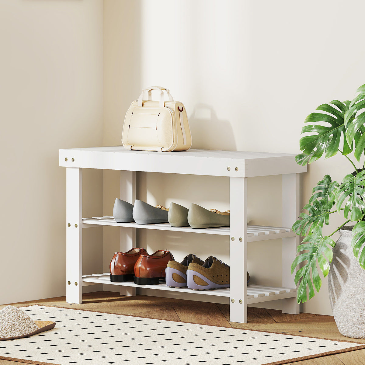 Bamboo Shoe Storage Bench - 3-Tier Entryway Bench White-Home Furnishings > Storage & Organization > Shoe Storage Cabinets & Racks-DECOROLALA