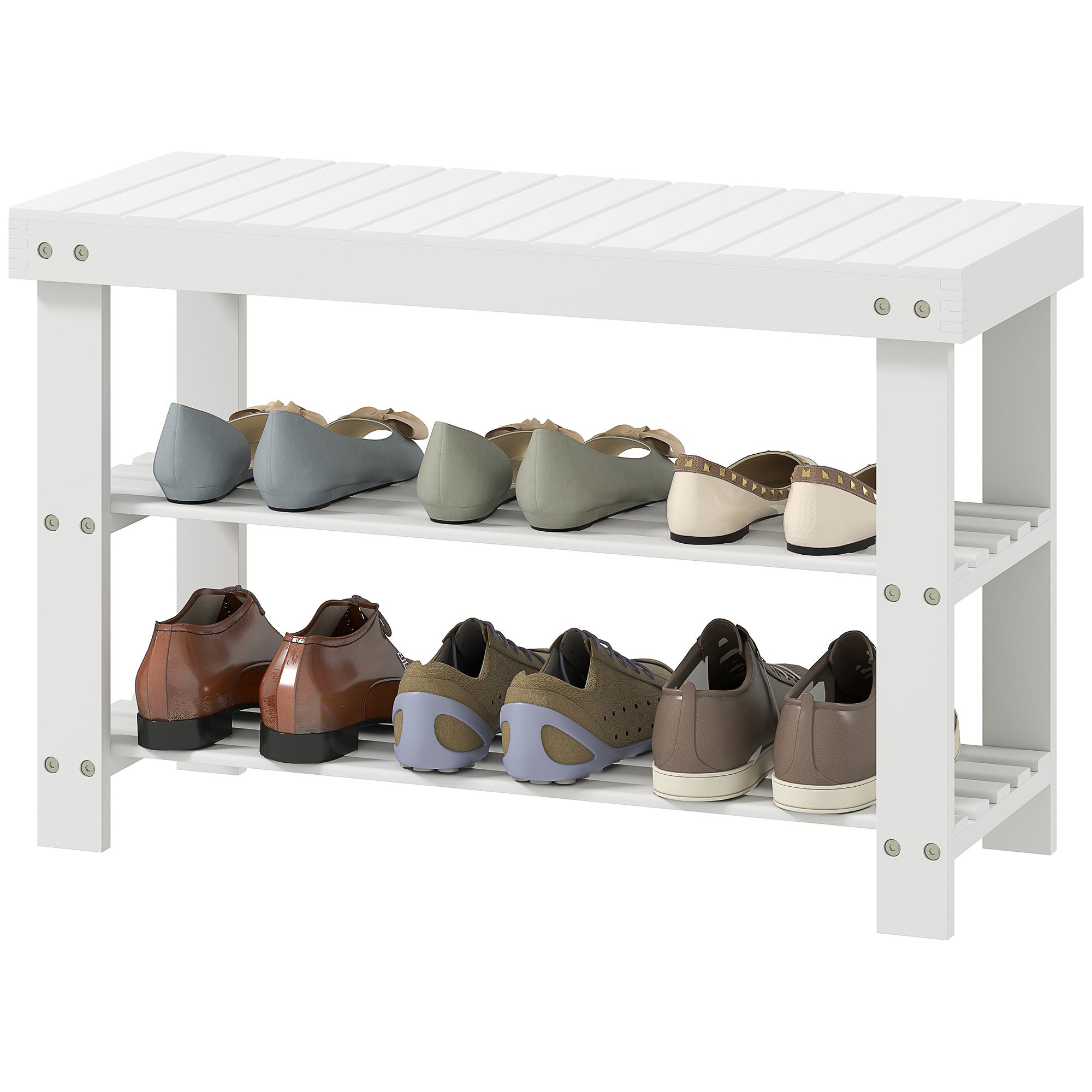 Bamboo Shoe Storage Bench - 3-Tier Entryway Bench White-Home Furnishings > Storage & Organization > Shoe Storage Cabinets & Racks-DECOROLALA