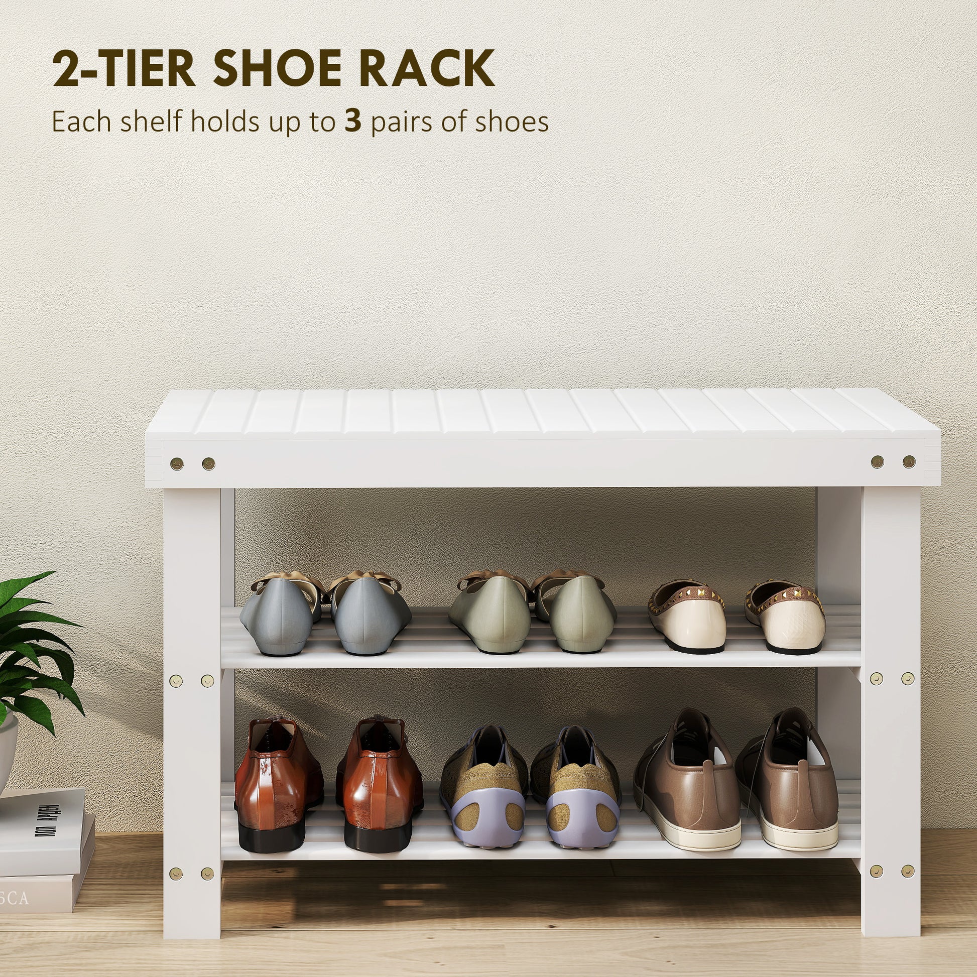 Bamboo Shoe Storage Bench, 3-Tier Entryway Bench with 2 Storage Shelves for Hallway, Holds 6 Pairs, White-Home Furnishings > Storage & Organization > Shoe Storage Cabinets & Racks-DECOROLALA