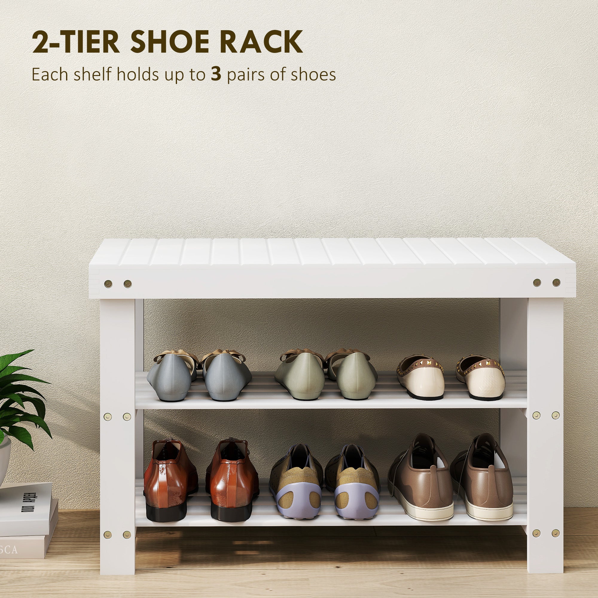 Bamboo Shoe Storage Bench, 3-Tier Entryway Bench with 2 Storage Shelves for Hallway, Holds 6 Pairs, White-Home Furnishings > Storage & Organization > Shoe Storage Cabinets & Racks-DECOROLALA