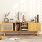 Bamboo TV Stand for 65 Inch TV - Natural Rattan and Glass Doors-Entertainment Centers & TV Stands-DECOROLALA