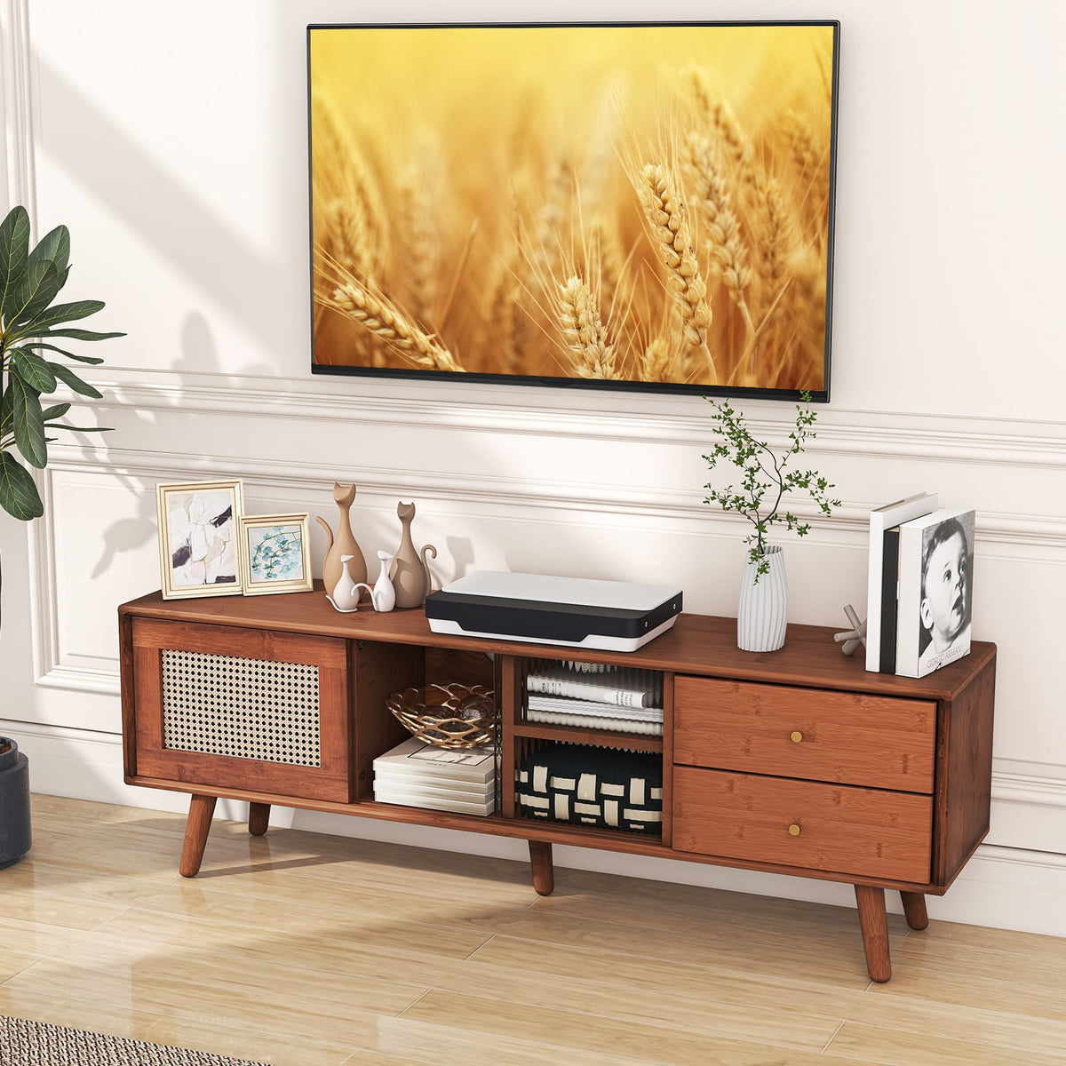 Bamboo TV Stand for TV up to 65 Inch-Brown-Entertainment Centers & TV Stands-DECOROLALA