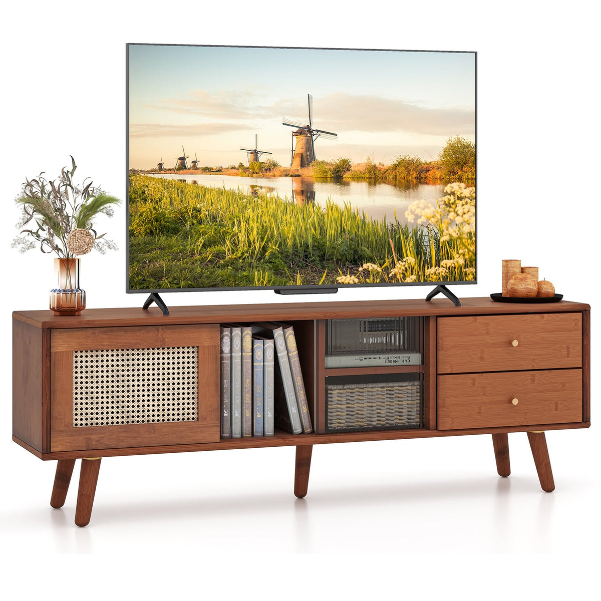 Bamboo TV Stand for TV up to 65 Inch-Brown-Entertainment Centers & TV Stands-DECOROLALA