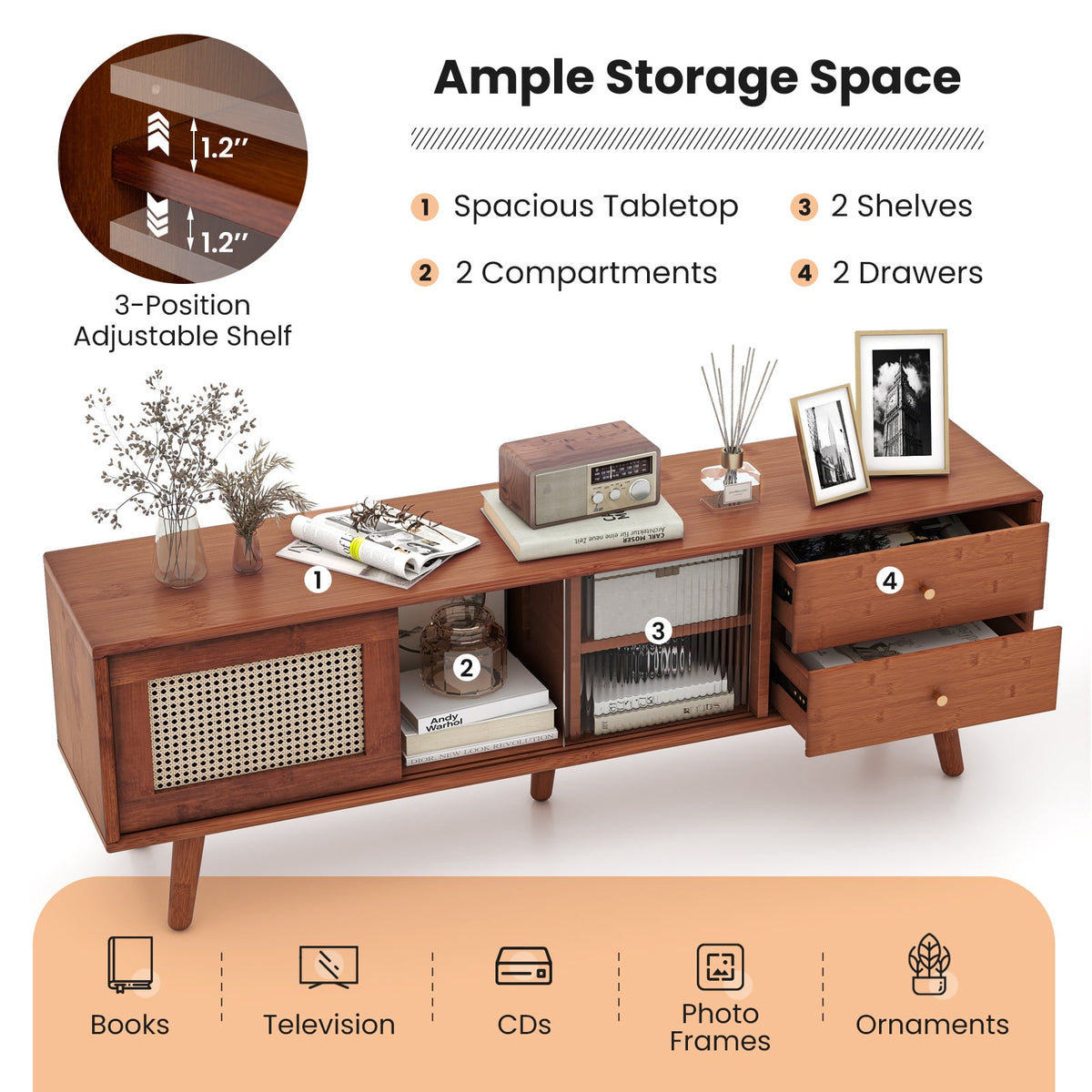 Bamboo TV Stand for TV up to 65 Inch-Brown-Entertainment Centers & TV Stands-DECOROLALA