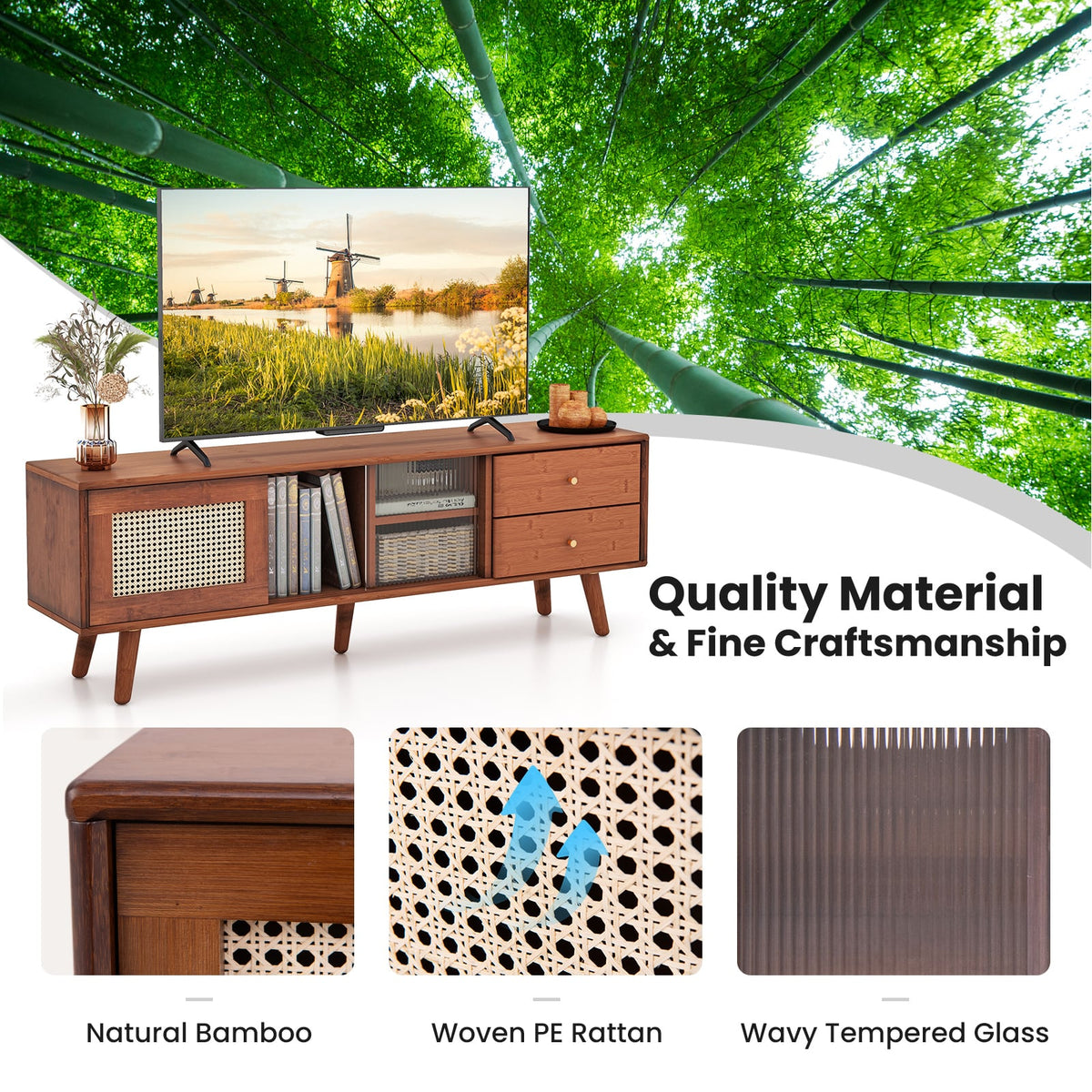 Bamboo TV Stand for TV up to 65 Inch-Brown-Entertainment Centers & TV Stands-DECOROLALA