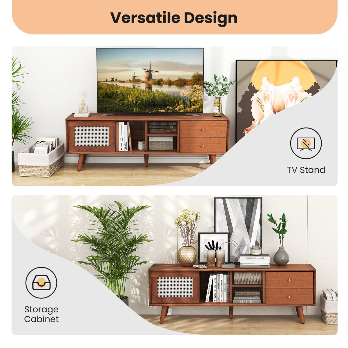 Bamboo TV Stand for TV up to 65 Inch-Brown-Entertainment Centers & TV Stands-DECOROLALA