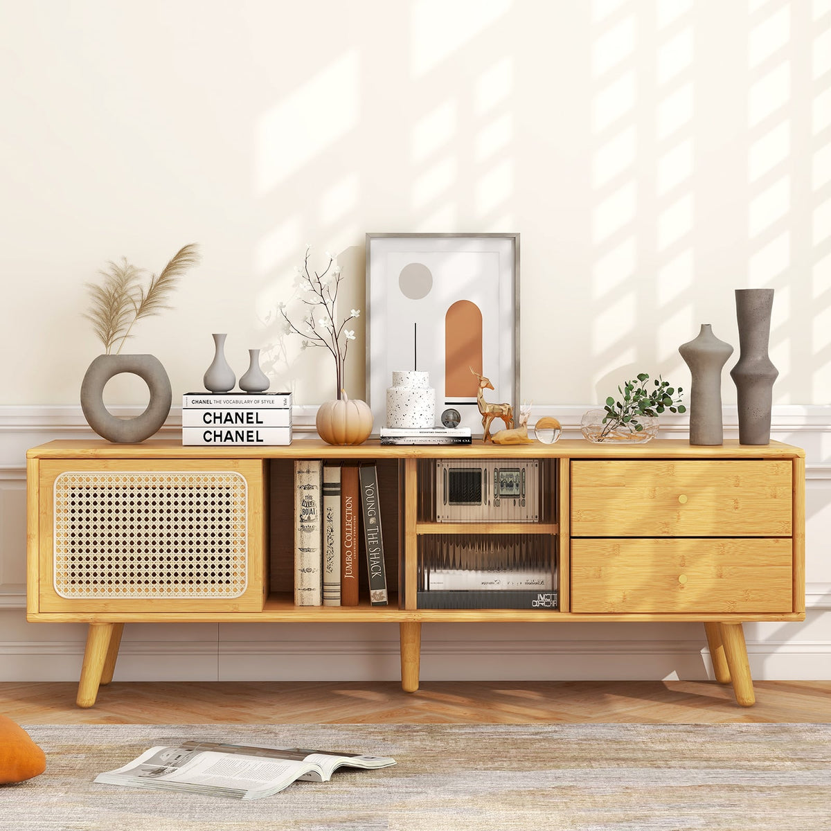 Bamboo TV Stand for TV up to 65 Inch-Natural-Entertainment Centers & TV Stands-DECOROLALA