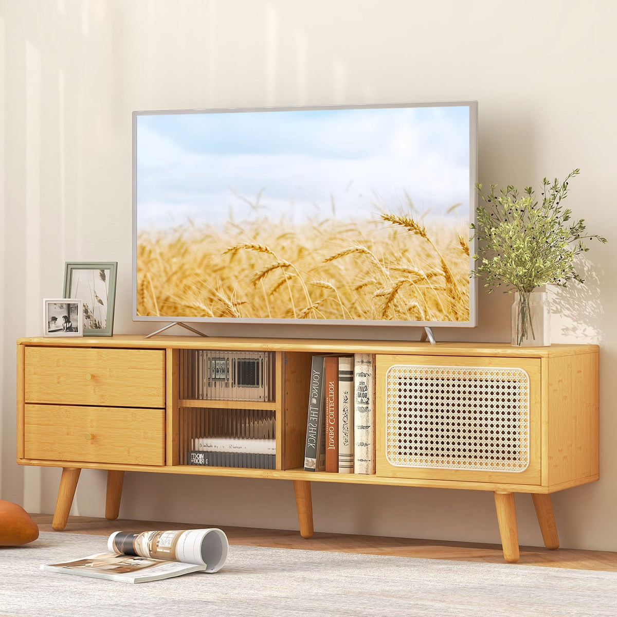 Bamboo TV Stand for TV up to 65 Inch-Natural-Entertainment Centers & TV Stands-DECOROLALA