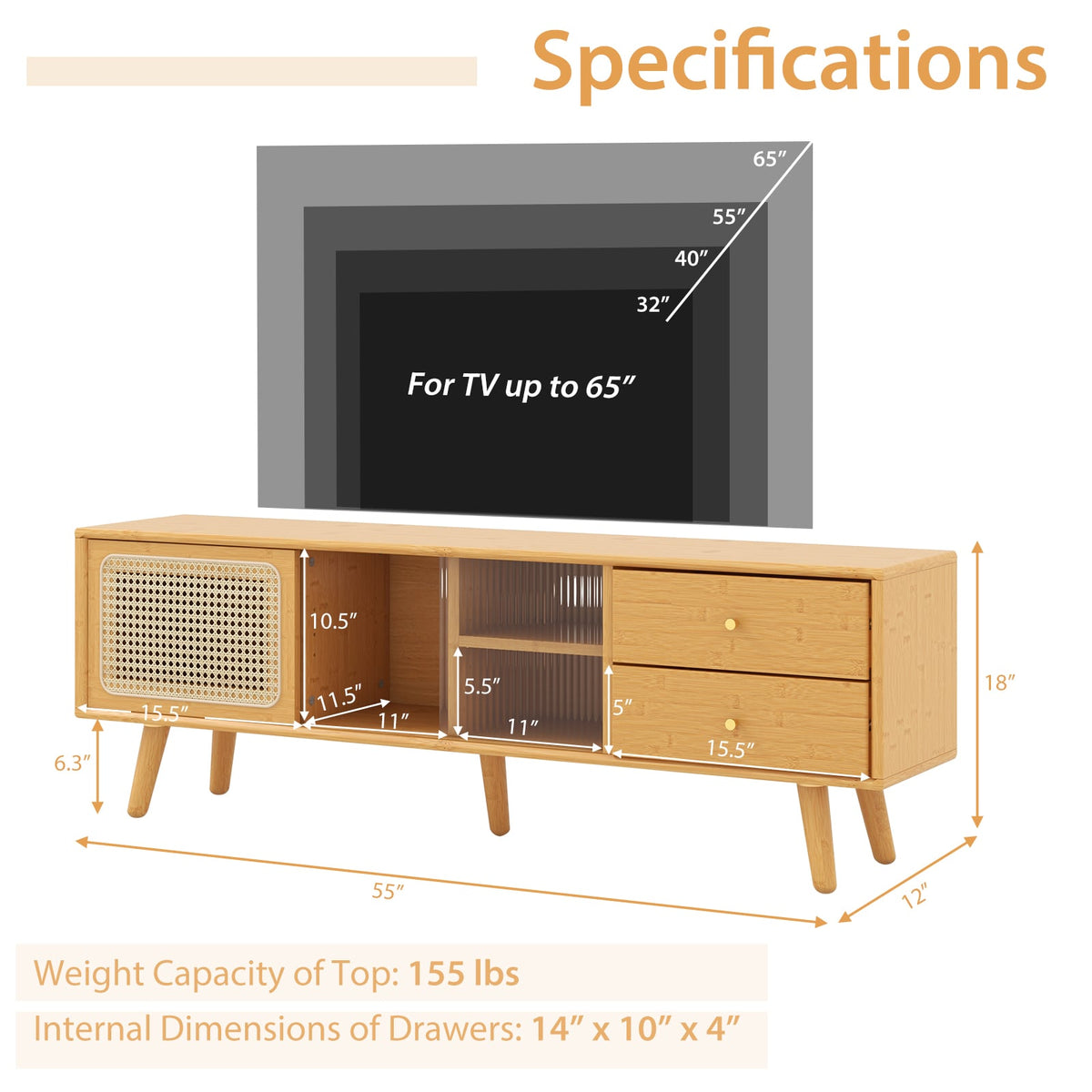 Bamboo TV Stand for TV up to 65 Inch-Natural-Entertainment Centers & TV Stands-DECOROLALA