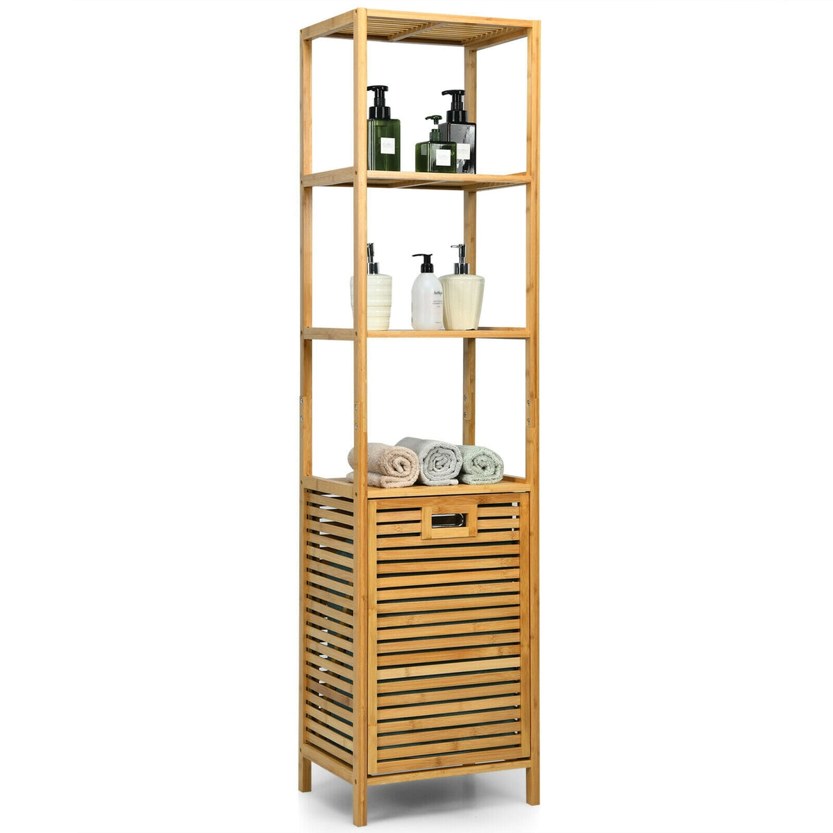 Bamboo Tower Hamper Organizer with 3-Tier Storage Shelves-Natural-Laundry Baskets-DECOROLALA