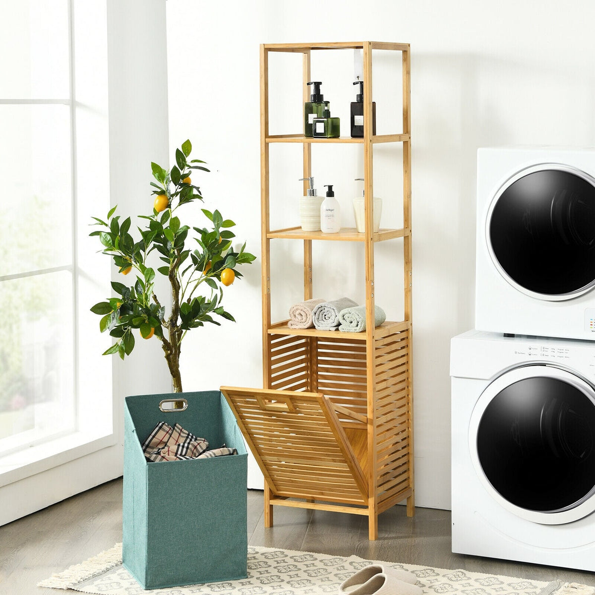 Bamboo Tower Hamper Organizer with 3-Tier Storage Shelves-Natural-Laundry Baskets-DECOROLALA