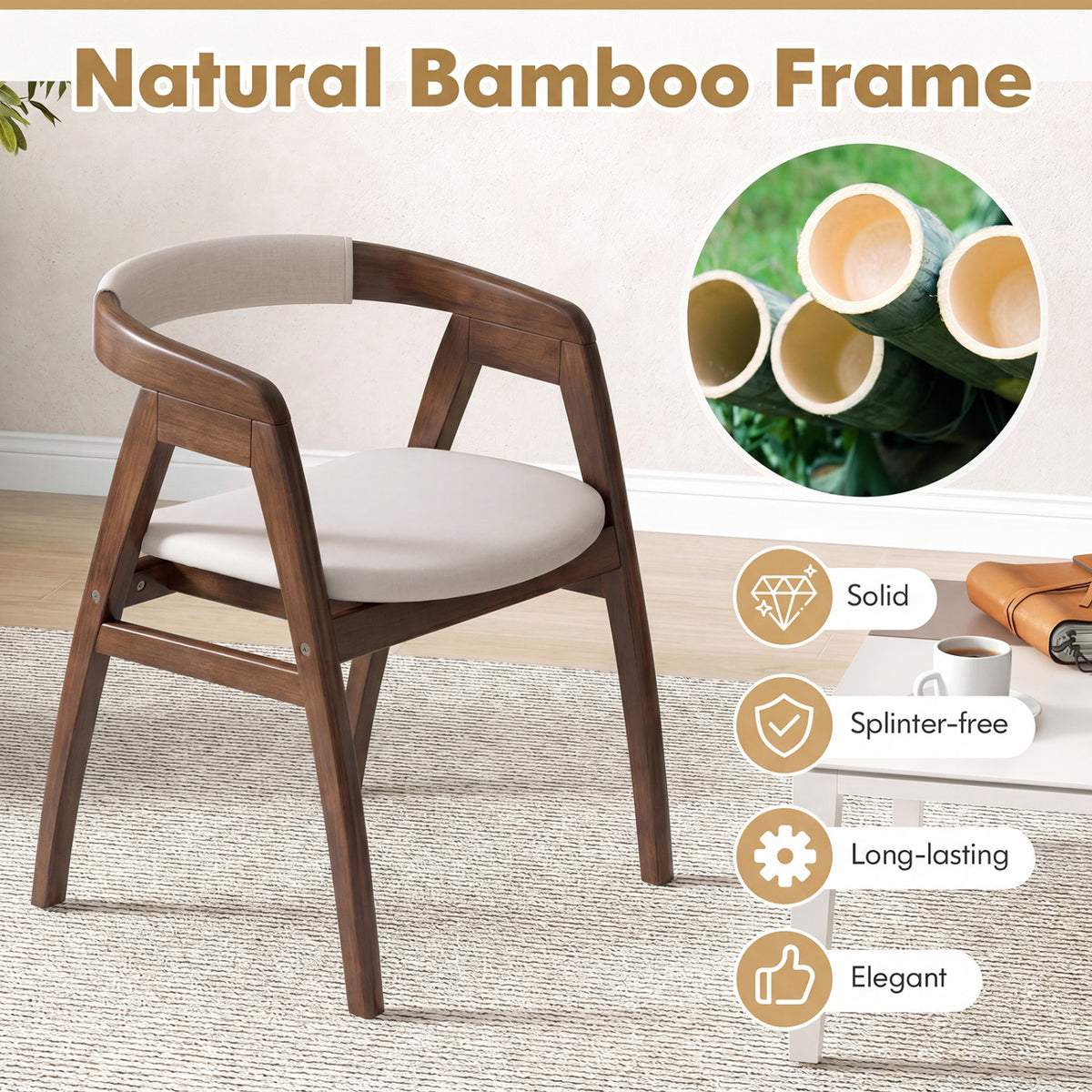 Bamboo Upholstered Dining Chair with Curved Back-Walnut-Dining Chairs-DECOROLALA