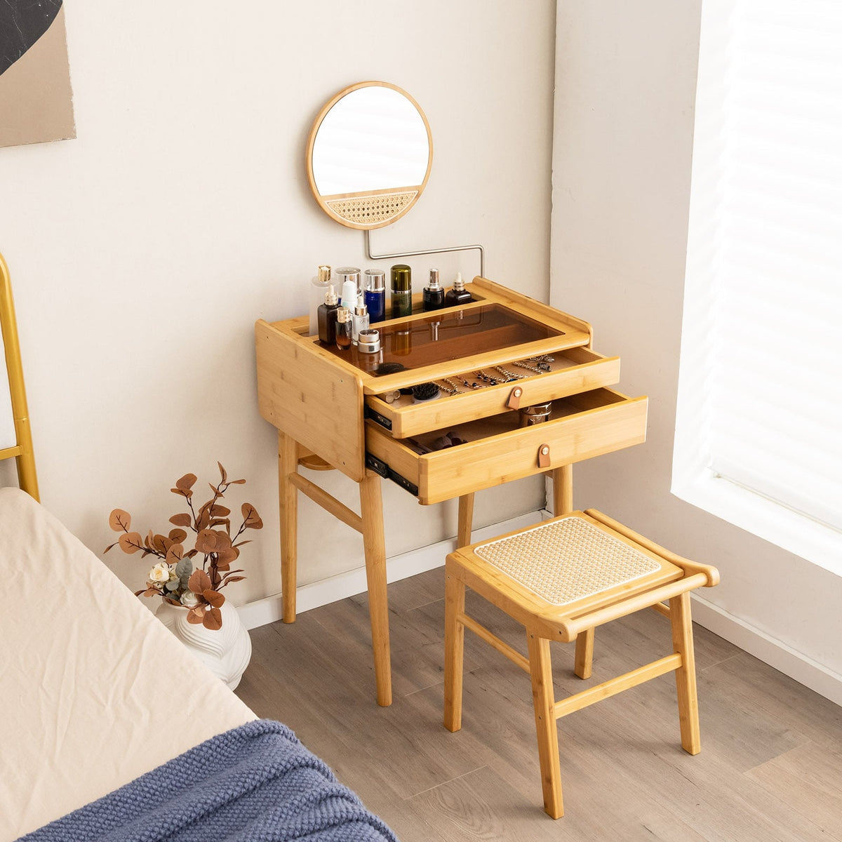 Bamboo Vanity Stool with Rattan Top - Natural 15" x 16" x 17"-Makeup Vanities-DECOROLALA