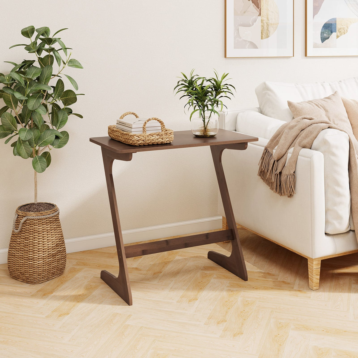 Bamboo Z-Shaped Spacious Sofa Side Table with Space-Saving Tabletop-Brown-End & Side Tables-DECOROLALA