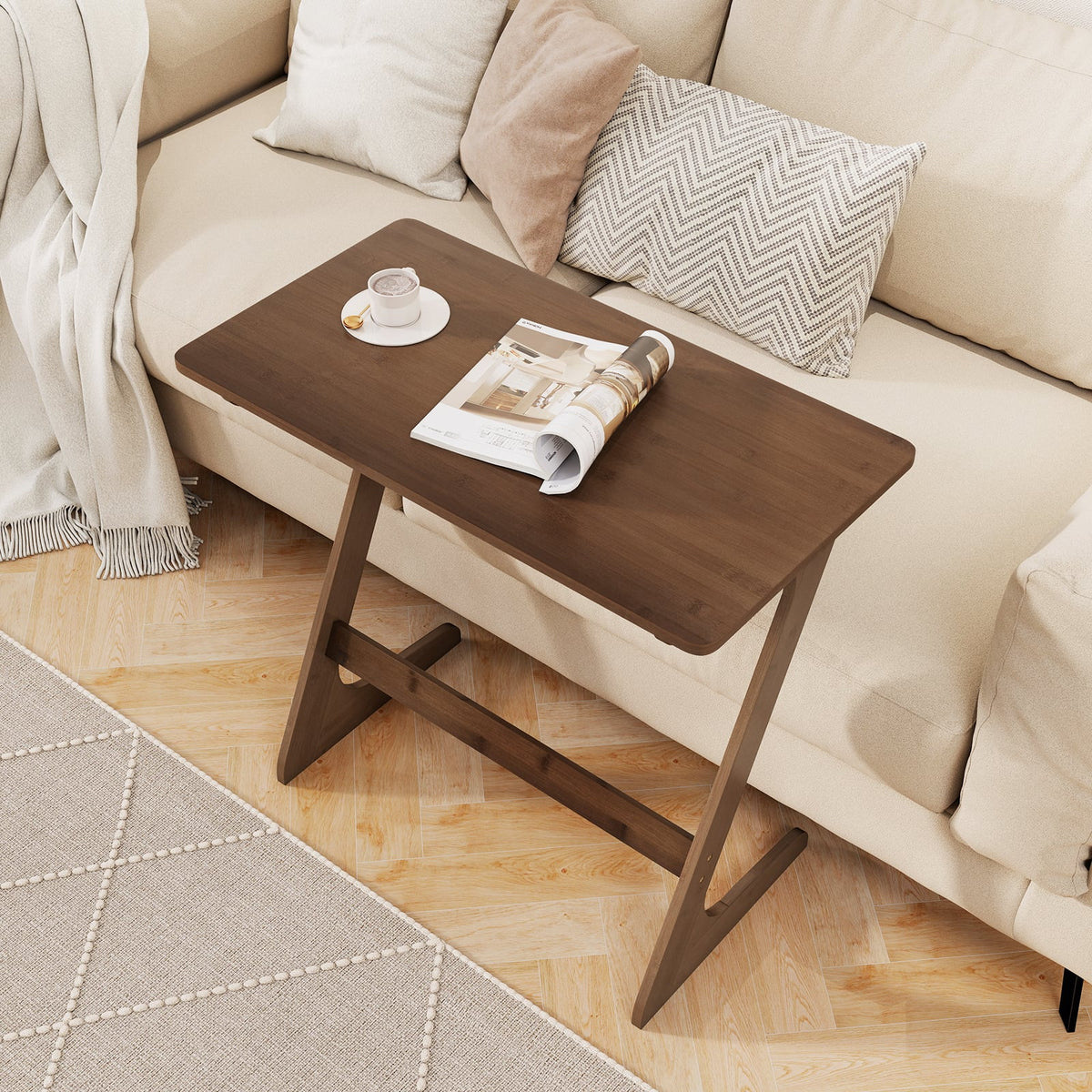 Bamboo Z-Shaped Spacious Sofa Side Table with Space-Saving Tabletop-Brown-End & Side Tables-DECOROLALA