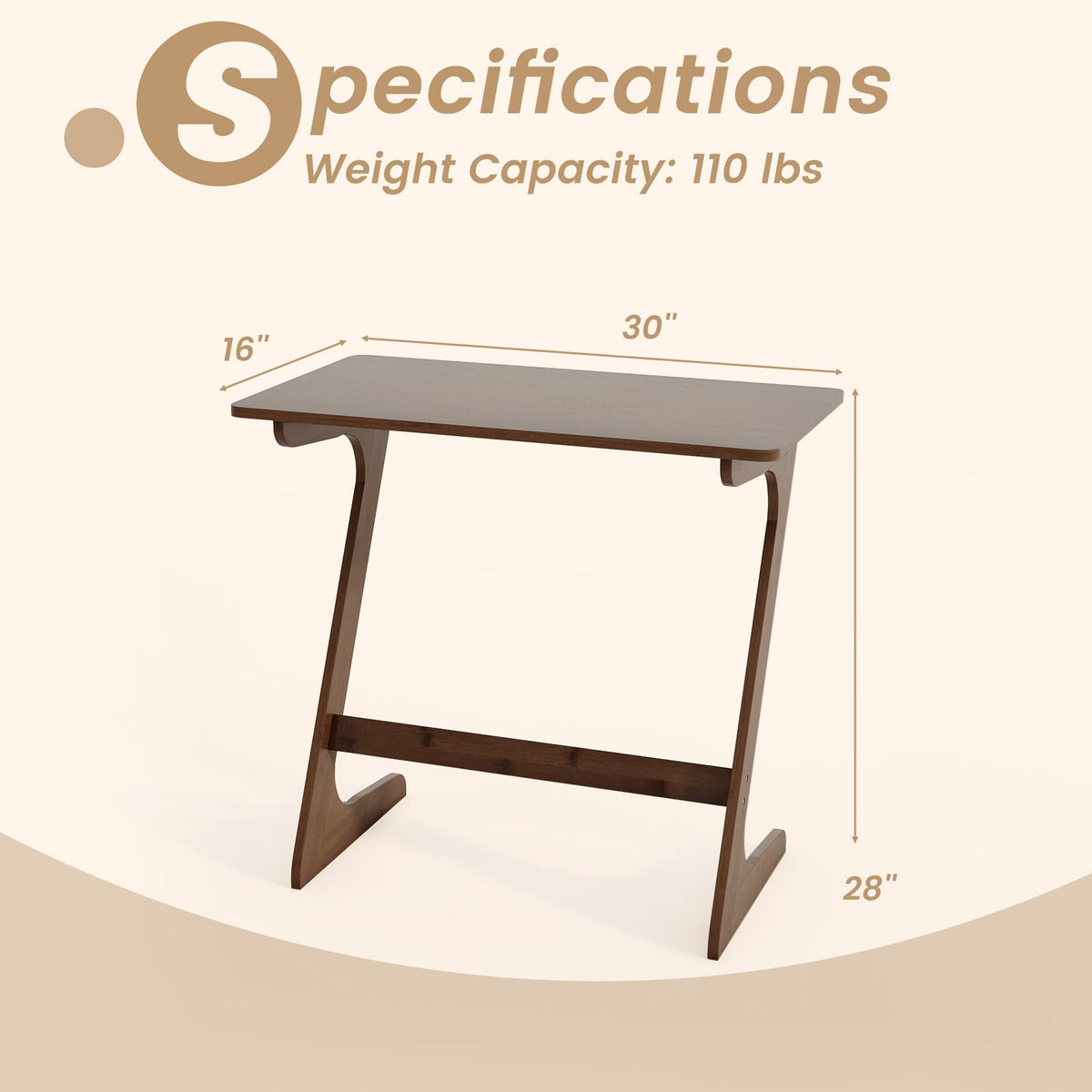 Bamboo Z-Shaped Spacious Sofa Side Table with Space-Saving Tabletop-Brown-End & Side Tables-DECOROLALA