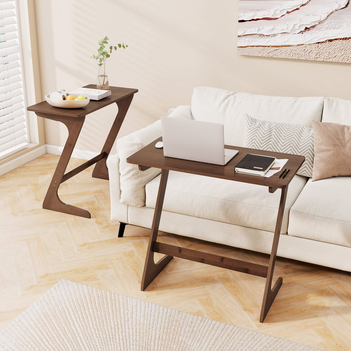 Bamboo Z-Shaped Spacious Sofa Side Table with Space-Saving Tabletop-Brown-End & Side Tables-DECOROLALA