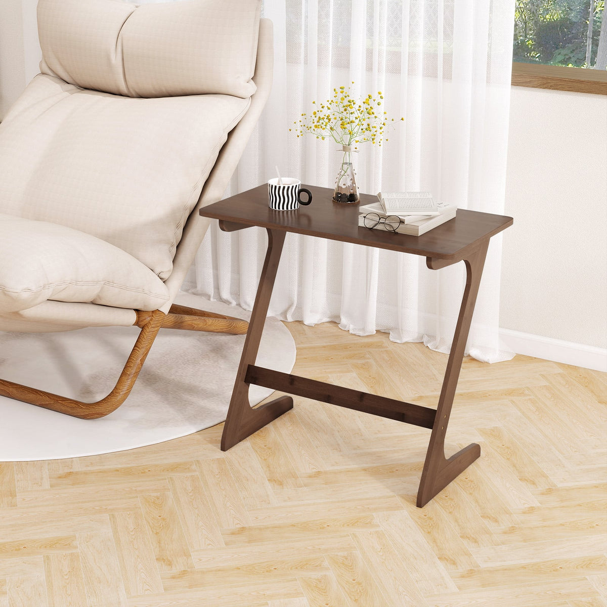 Bamboo Z-Shaped Spacious Sofa Side Table with Space-Saving Tabletop-Brown-End & Side Tables-DECOROLALA