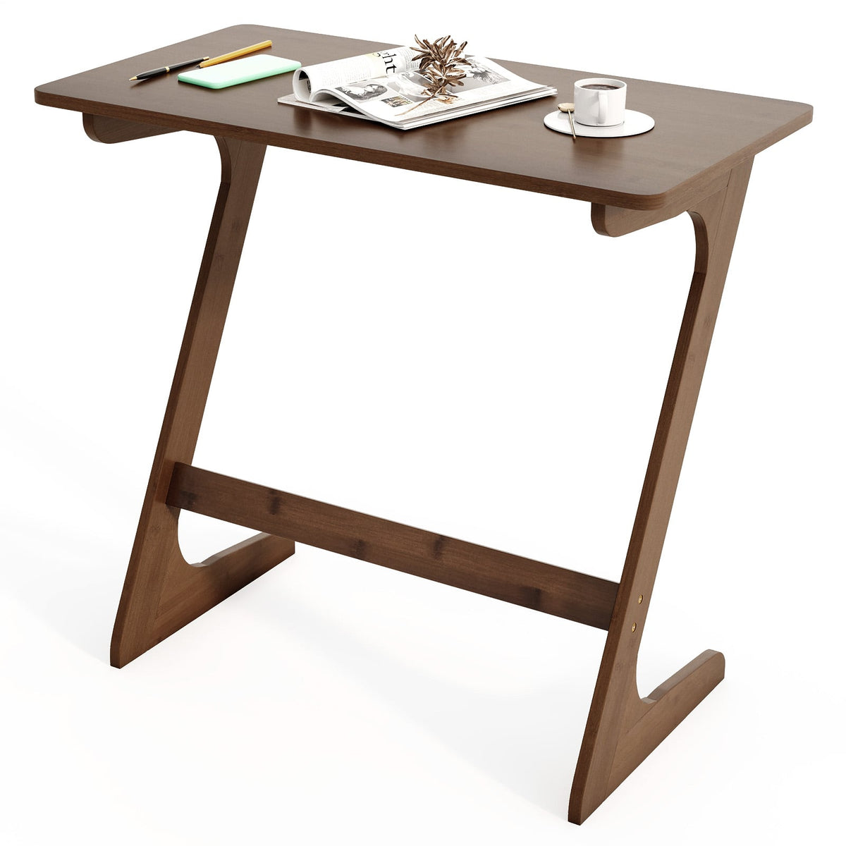 Bamboo Z-Shaped Spacious Sofa Side Table with Space-Saving Tabletop-Brown-End & Side Tables-DECOROLALA
