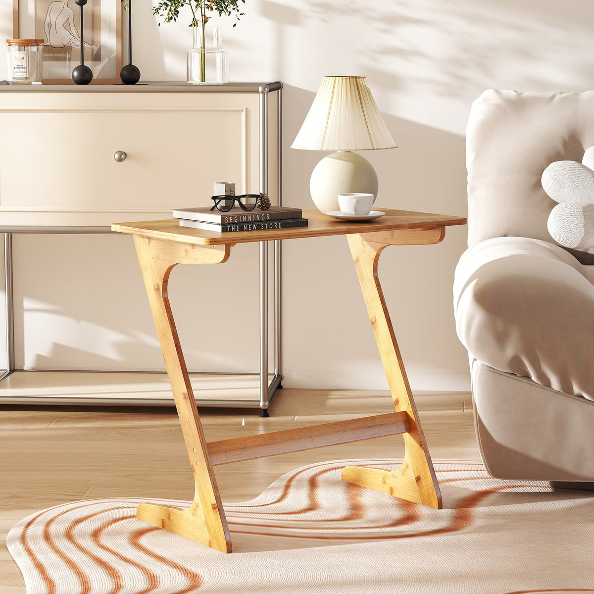 Bamboo Z-Shaped Spacious Sofa Side Table with Space-Saving Tabletop-Natural-End & Side Tables-DECOROLALA