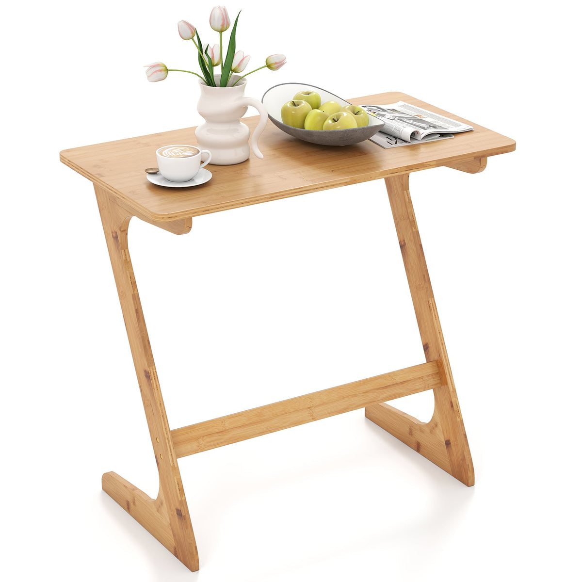 Bamboo Z-Shaped Spacious Sofa Side Table with Space-Saving Tabletop-Natural-End & Side Tables-DECOROLALA