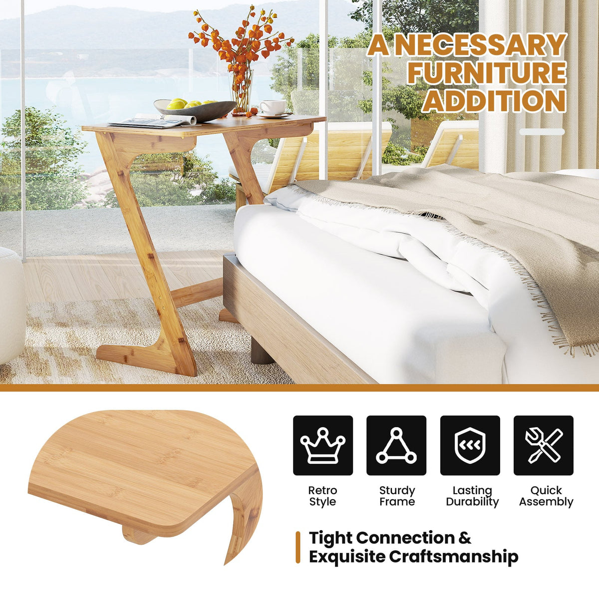 Bamboo Z-Shaped Spacious Sofa Side Table with Space-Saving Tabletop-Natural-End & Side Tables-DECOROLALA