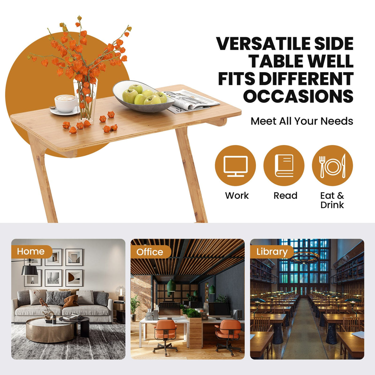 Bamboo Z-Shaped Spacious Sofa Side Table with Space-Saving Tabletop-Natural-End & Side Tables-DECOROLALA