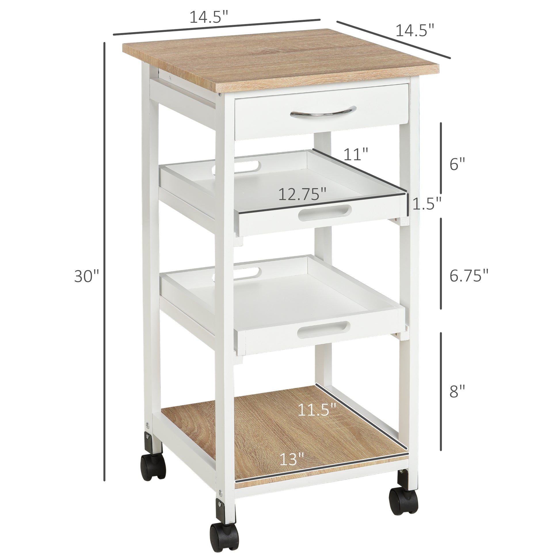 Bar Cart, 4-Tier Kitchen Cart with Removable Serving Tray, Kitchen Shelves on Wheels with Drawer for Dining Room, Living Room, White-Home Furnishings > Kitchen & Dining Furniture > Kitchen Islands & Kitchen Carts-DECOROLALA
