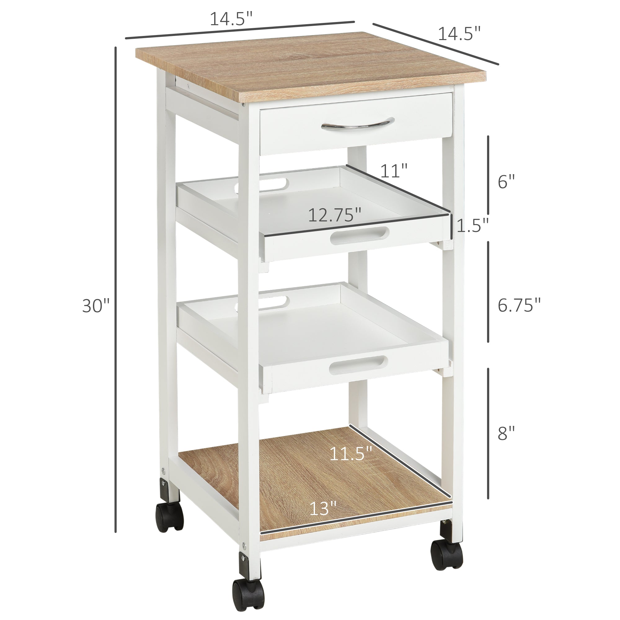 Bar Cart, 4-Tier Kitchen Cart with Removable Serving Tray, Kitchen Shelves on Wheels with Drawer for Dining Room, Living Room, White-Home Furnishings > Kitchen & Dining Furniture > Kitchen Islands & Kitchen Carts-DECOROLALA