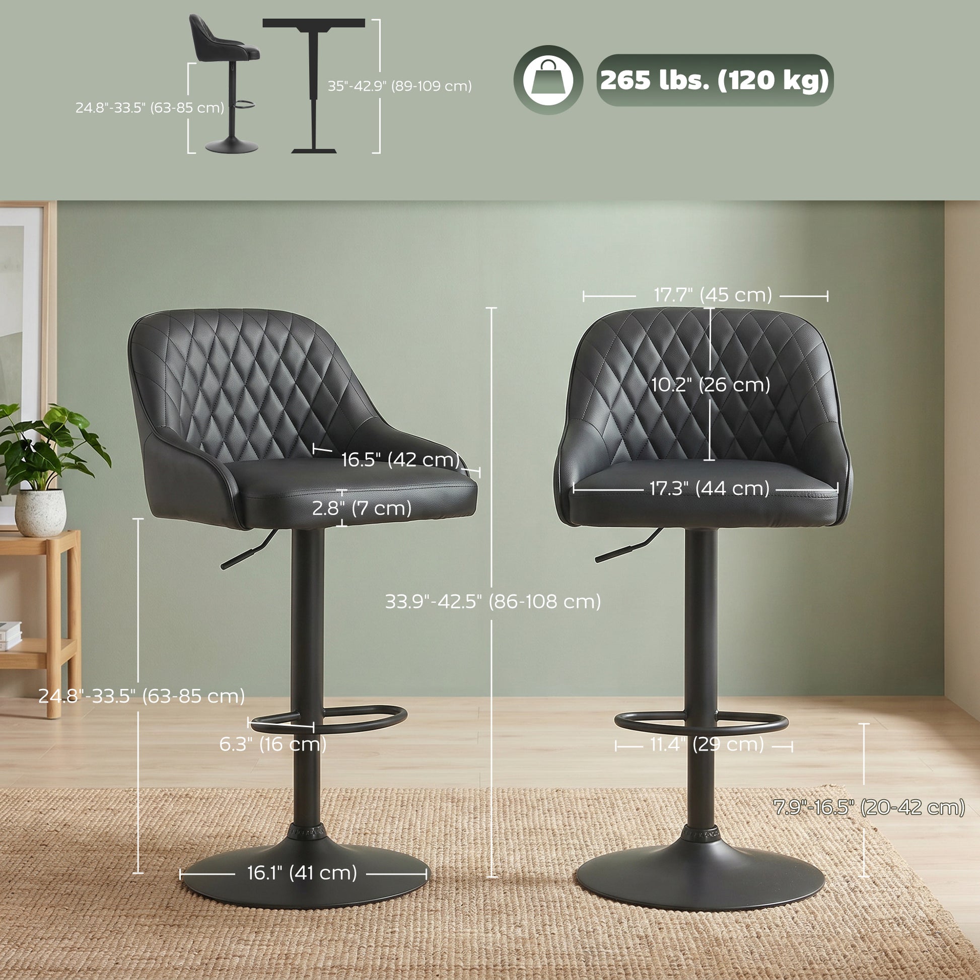 Bar Stools Adjustable Swivel Kitchen Chairs with Backrest Set of 2 for Kitchen Island Black-Home Furnishings > Kitchen & Dining Furniture > Bar Stools-DECOROLALA