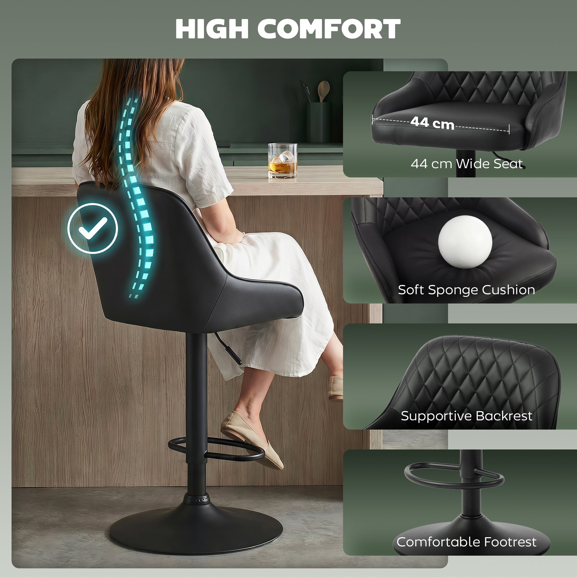 Bar Stools Adjustable Swivel Kitchen Chairs with Backrest Set of 2 for Kitchen Island Black-Home Furnishings > Kitchen & Dining Furniture > Bar Stools-DECOROLALA